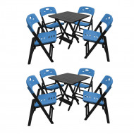 Kit Com 2 Jogos De Mesa Dobravel De Madeira 70x70 Elegance Com 4 Cadeiras Preto Polipropileno Azul