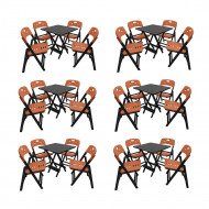Kit Com 6 Jogos De Mesa Dobravel De Madeira 70x70 Elegance Com 4 Cadeiras Preto Polipropileno Laranj