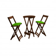 Conjunto Bistro De Madeira Dobravel Redondo 55cm Diametro Com 2 Cadeiras Imbuia Estofado Verde
