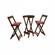 Jogo Bistro De Madeira Dobravel Redondo 55cm Diametro Com 2 Cadeiras Imbuia Estofado Vermelho