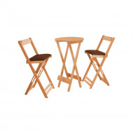Jogo Bistro De Madeira Dobravel Redondo 55cm Diametro Com 2 Cadeiras Natural Estofado Marrom