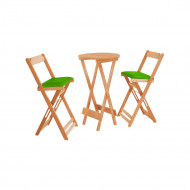 Jogo Bistro De Madeira Dobravel Redondo 55cm Diametro Com 2 Cadeiras Natural Estofado Verde