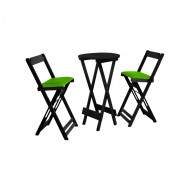 Jogo Bistro De Madeira Dobravel Redondo 55cm Diametro Com 2 Cadeiras Preto Estofado Verde
