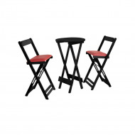 Jogo Bistro De Madeira Dobravel Redondo 55cm Diametro Com 2 Cadeiras Preto Estofado Vermelho