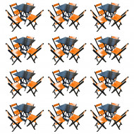 Kit 12 Mesas De Madeira Dobrável Preto 70x70 Com 4 Cadeiras Dobráveis Laranja