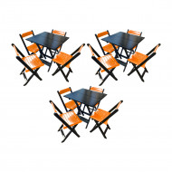 Kit 3 Mesas De Madeira Dobrável Preto 70x70 Com 4 Cadeiras Dobráveis Laranja