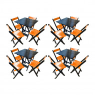Kit 4 Mesas De Madeira Dobrável Preto 70x70 Com 4 Cadeiras Dobráveis Laranja