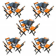 Kit 5 Mesas De Madeira Dobrável Preto 70x70 Com 4 Cadeiras Dobráveis Laranja