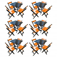 Kit 6 Mesas De Madeira Dobrável Preto 70x70 Com 4 Cadeiras Dobráveis Laranja