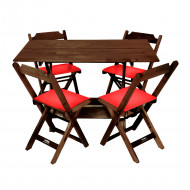 Jogo De Mesa Dobravel De Madeira 120x70 Com 4 Cadeiras Imbuia Estofado Vermelho