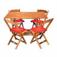 Jogo De Mesa Dobravel De Madeira 120x70 Com 4 Cadeiras Natural Estofado Vermelho