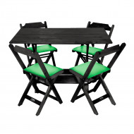 Conjunto De Mesa Dobravel De Madeira 120x70 Com 4 Cadeiras Preto Estofado Verde