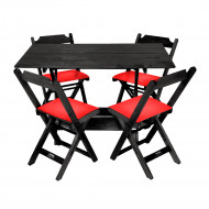 Conjunto De Mesa Dobravel De Madeira 120x70 Com 4 Cadeiras Preto Estofado Vermelho