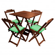 Jogo De Mesa Dobravel De Madeira 60x60 Com 4 Cadeiras Imbuia Estofado Verde
