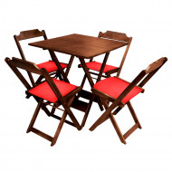 Conjunto De Mesa Dobravel De Madeira 60x60 Com 4 Cadeiras Imbuia Estofado Vermelho