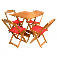 Jogo De Mesa Dobravel De Madeira 60x60 Com 4 Cadeiras Natural Estofado Vermelho