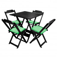 Conjunto De Mesa Dobravel De Madeira 70x70 Com 4 Cadeiras Preto Estofado Verde
