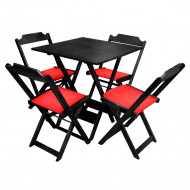 Jogo De Mesa Dobravel De Madeira 60x60 Com 4 Cadeiras Preto Estofado Vermelho