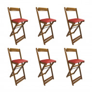 Kit 6 Cadeiras Bistro Dobravel De Madeira Estofada Vermelha - Natural