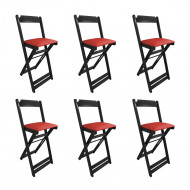 Kit 6 Cadeiras Bistro Dobravel De Madeira Estofada Vermelha - Preto