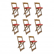 Kit 8 Cadeiras Bistro Dobravel De Madeira Estofada Vermelha - Natural