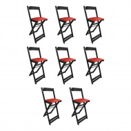 Kit 8 Cadeiras Bistro Dobravel De Madeira Estofada Vermelha - Preto