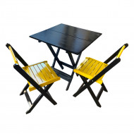 Mesa De Madeira Dobrável Preto 70x70 Com 2 Cadeiras Dobráveis Amarelo