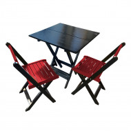 Mesa De Madeira Dobrável Preto 70x70 Com 2 Cadeiras Dobráveis Vermelho