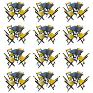 Kit 12 Mesas De Madeira Dobrável Preto 70x70 Com 4 Cadeiras Dobráveis Amarelo