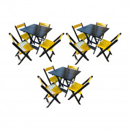 Kit 3 Mesas De Madeira Dobrável Preto 70x70 Com 4 Cadeiras Dobráveis Amarelo