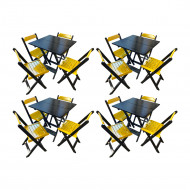 Kit 4 Mesas De Madeira Dobrável Preto 70x70 Com 4 Cadeiras Dobráveis Amarelo