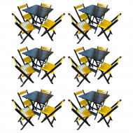 Kit 6 Mesas De Madeira Dobrável Preto 70x70 Com 4 Cadeiras Dobráveis Amarelo