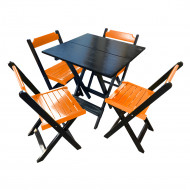 Mesa De Madeira Dobrável Preto 70x70 Com 4 Cadeiras Dobráveis Laranja