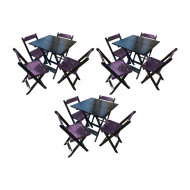 Kit 3 Mesas De Madeira Dobrável Preto 70x70 Com 4 Cadeiras Dobráveis Roxo