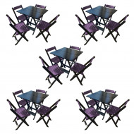 Kit 5 Mesas De Madeira Dobrável Preto 70x70 Com 4 Cadeiras Dobráveis Roxo