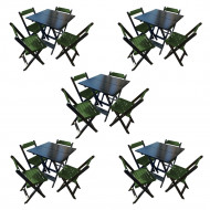 Kit 5 Mesas De Madeira Dobrável Preto 70x70 Com 4 Cadeiras Dobráveis Verde