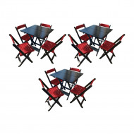 Kit 3 Mesas De Madeira Dobrável Preto 70x70 Com 4 Cadeiras Dobráveis Vermelho