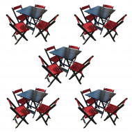 Kit 5 Mesas De Madeira Dobrável Preto 70x70 Com 4 Cadeiras Dobráveis Vermelho