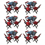 Kit 6 Mesas De Madeira Dobrável Preto 70x70 Com 4 Cadeiras Dobráveis Vermelho