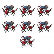 Kit 7 Mesas De Madeira Dobrável Preto 70x70 Com 4 Cadeiras Dobráveis Vermelho
