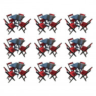 Kit 9 Mesas De Madeira Dobrável Preto 70x70 Com 4 Cadeiras Dobráveis Vermelho