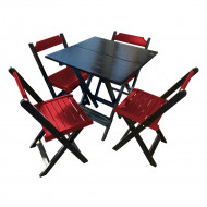 Mesa De Madeira Dobrável Preto 70x70 Com 4 Cadeiras Dobráveis Vermelho