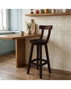 Banqueta Girafa Alta em Madeira com Encosto Curvo Assento Redondo para Bancada e Bar - Imbuia