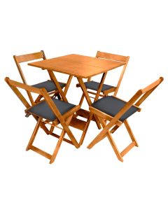 Jogo de Mesa Dobrável de Madeira 60x60 com 4 Cadeiras Natural Estofado Preto