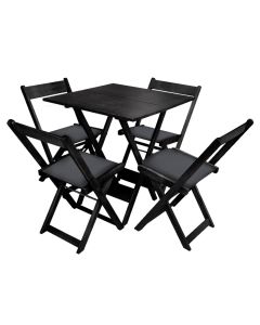 Conjunto de Mesa Dobrável de Madeira 70x70 com 4 Cadeiras Preto Estofado Preto