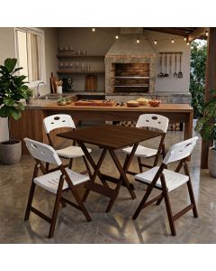 Conjunto Jogo Mesa Dobrável Elegance 70x70 8 Ripas Madeira 4 Cadeiras Imbuia Polipropileno - Branco