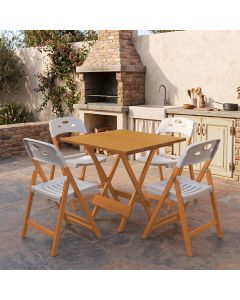 Conjunto Mesa Dobrável 70x70 6 Ripas Madeira com 4 Cadeiras Natural Assento Polipropileno - Branco