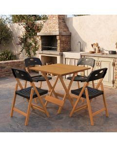 Mesa Dobrável 70x70 6 Ripas Madeira com 4 Cadeiras Natural com Assento Polipropileno - Preto