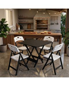 Conjunto Mesa Dobrável Elegance 70x70 8 Ripas 4 Cadeiras Base Preto Assento Polipropileno - Branco