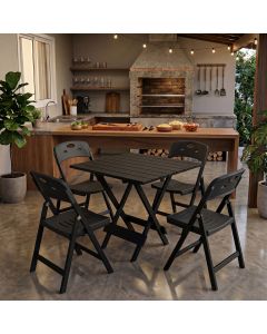 Mesa Dobrável Elegance 70x70 8 Ripas Madeira 4 Cadeiras Base Preto Assento Polipropileno Sala - Pret